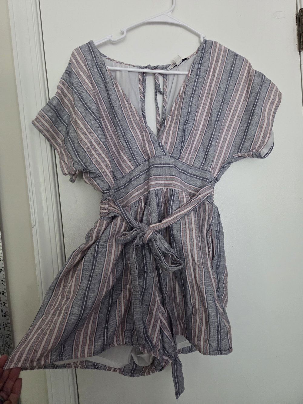 American Eagle Outfitters Striped V-Neck Tie-Waist Romper in Blue and White - Picture 2 of 7
